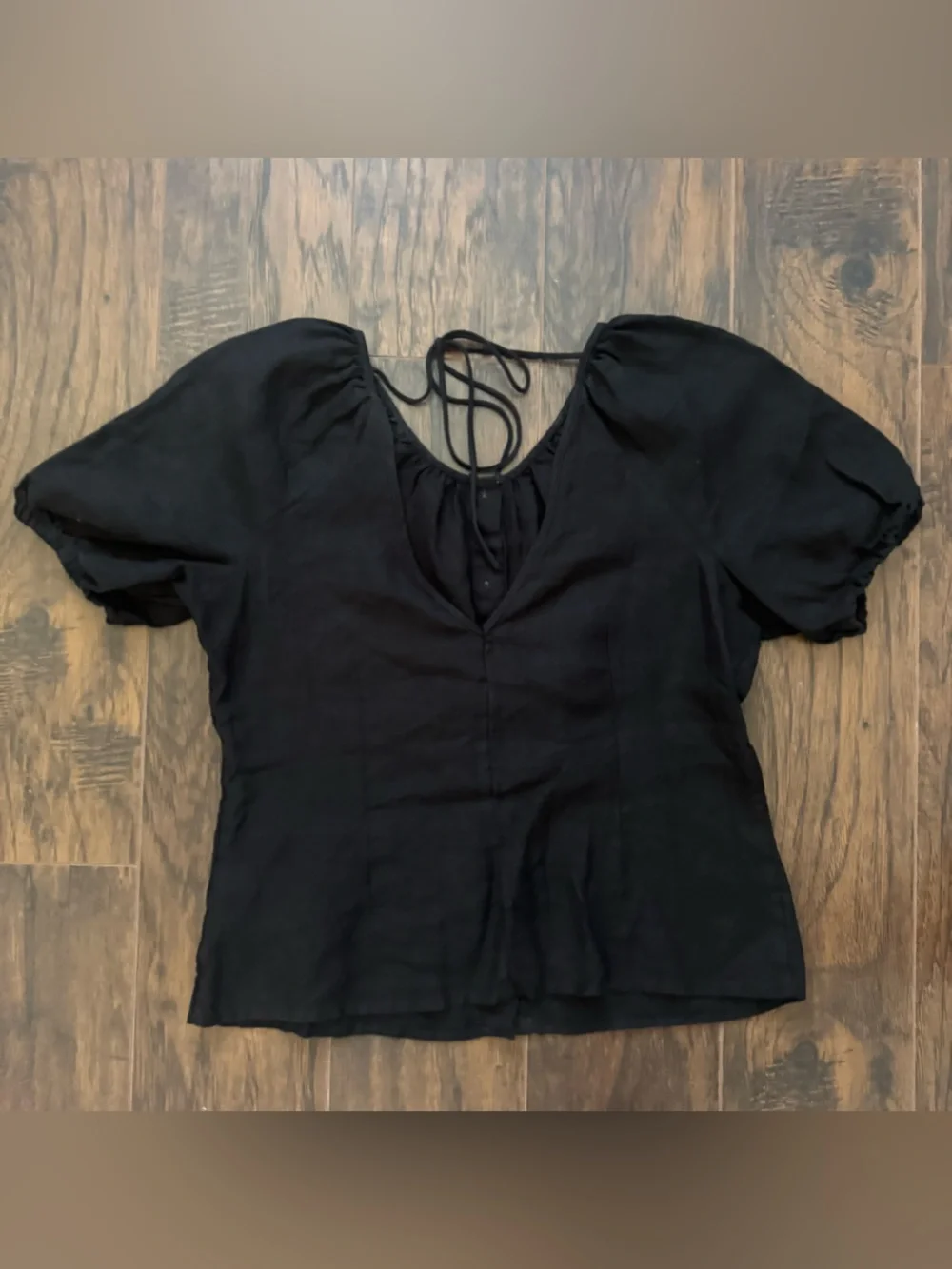 Crew 100% Linen Puff Sleeve Peasant Blouse Size 8 Black